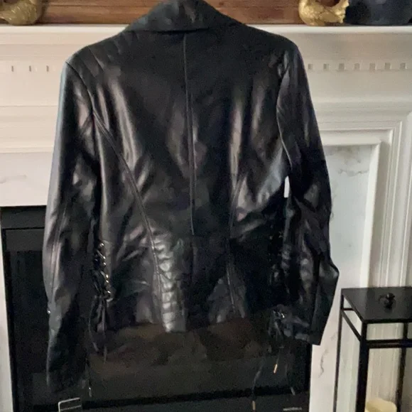 GUESS Black Leather Jacket with Gold Accents - Picture 3 of 5